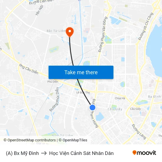 (A) Bx Mỹ Đình to Học Viện Cảnh Sát Nhân Dân map