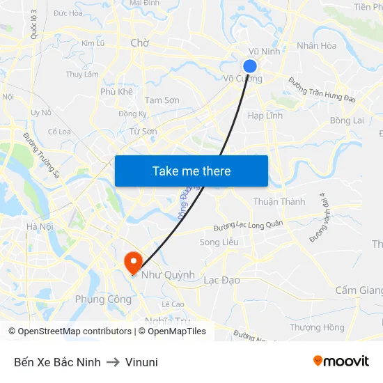 Bến Xe Bắc Ninh to Vinuni map