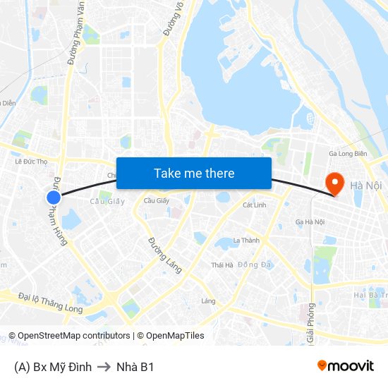 (A) Bx Mỹ Đình to Nhà B1 map