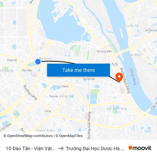 10 Đào Tấn - Viện Vật Lý to Trường Đại Học Dược Hà Nội map