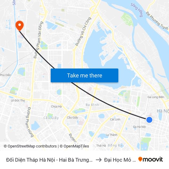 Đối Diện Tháp Hà Nội - Hai Bà Trưng (Cạnh 56 Hai Bà Trưng) to Đại Học Mỏ - Địa Chất map