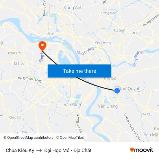 Chùa Kiêu Kỵ to Đại Học Mỏ - Địa Chất map