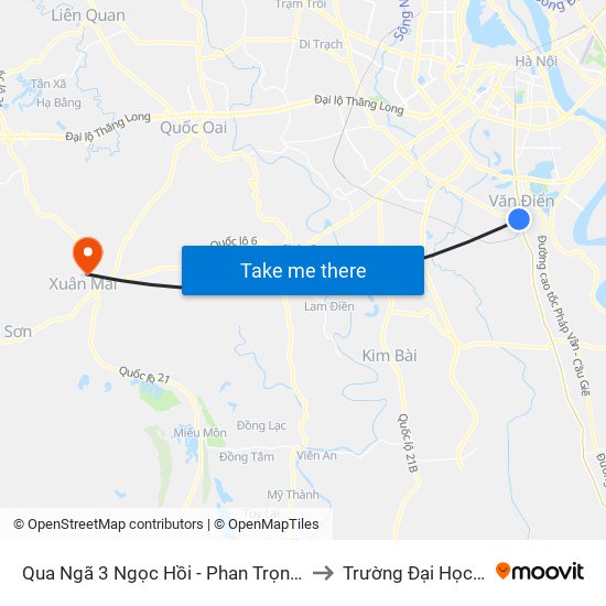 Qua Ngã 3 Ngọc Hồi - Phan Trọng Tuệ 100m - Ngọc Hồi to Trường Đại Học Lâm Nghiệp map