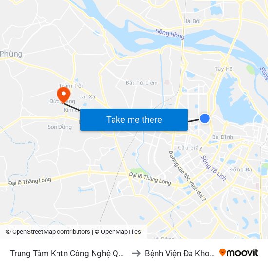 Trung Tâm Khtn Công Nghệ Quốc Gia - 18 Hoàng Quốc Việt to Bệnh Viện Đa Khoa Huyện Hoài Đức map