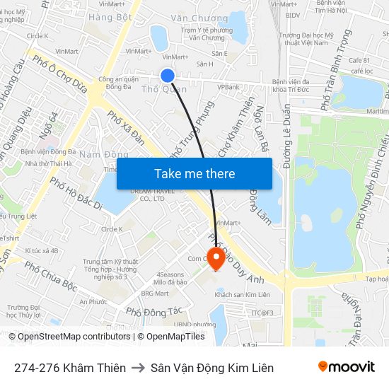 274-276 Khâm Thiên to Sân Vận Động Kim Liên map