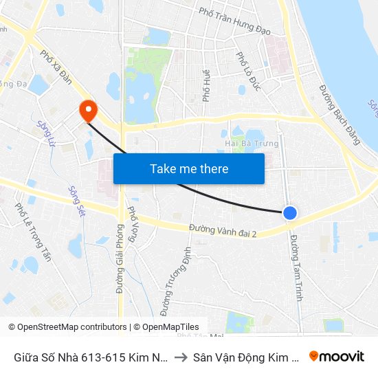 Giữa Số Nhà 613-615 Kim Ngưu to Sân Vận Động Kim Liên map