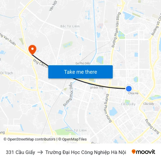 331 Cầu Giấy to Trường Đại Học Công Nghiệp Hà Nội map