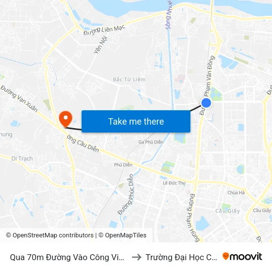Qua 70m Đường Vào Công Viên Hòa Bình - Phạm Văn Đồng to Trường Đại Học Công Nghiệp Hà Nội map
