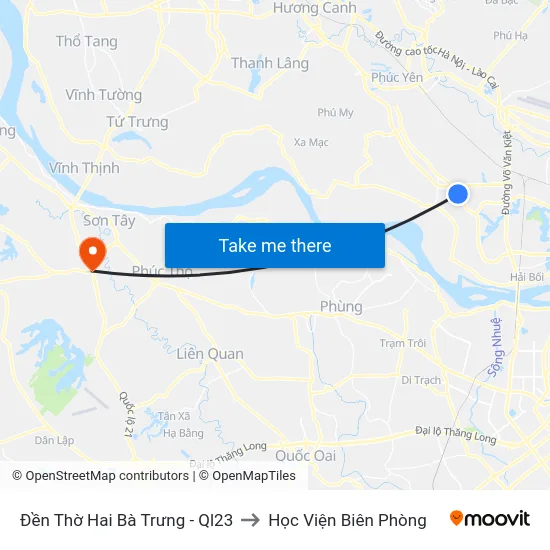 Đền Thờ Hai Bà Trưng - Ql23 to Học Viện Biên Phòng map
