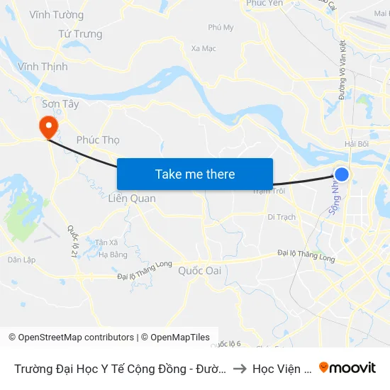 Trường Đại Học Y Tế Cộng Đồng -  Đường Đức Thắng - Phường Đông Ngạc to Học Viện Biên Phòng map