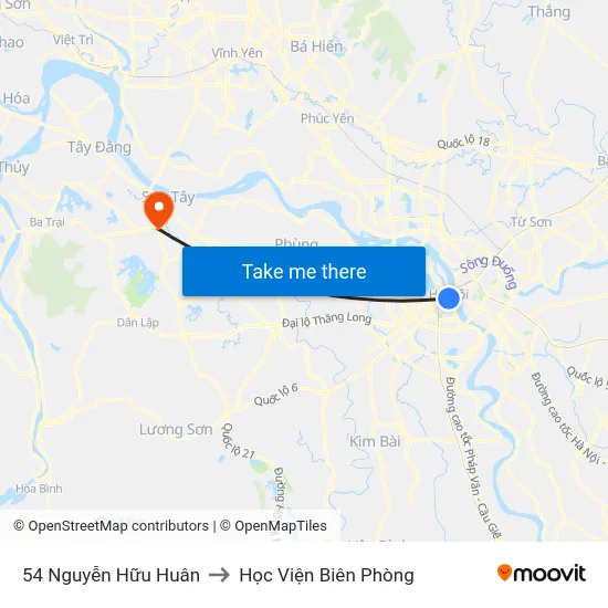 54 Nguyễn Hữu Huân to Học Viện Biên Phòng map