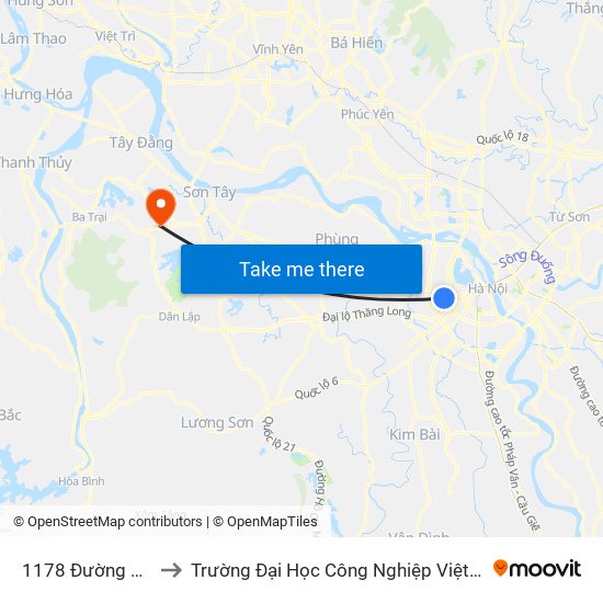 1178 Đường Láng to Trường Đại Học Công Nghiệp Việt - Hung map