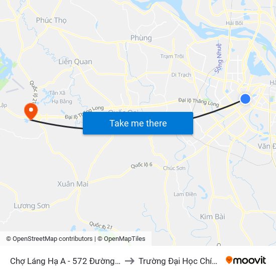 Chợ Láng Hạ A - 572 Đường Láng to Trường Đại Học Chính Trị map