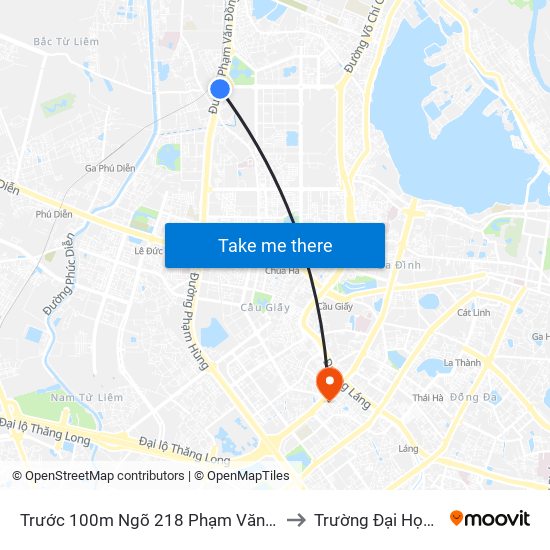 Trước 100m Ngõ 218 Phạm Văn Đồng (Đối Diện Công Viên Hòa Bình) to Trường Đại Học Lao Động - Xã Hội map