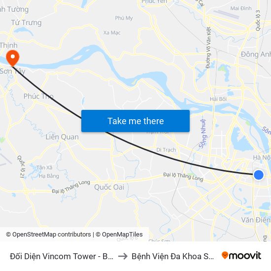 Đối Diện Vincom Tower - Bà Triệu to Bệnh Viện Đa Khoa Sơn Tây map