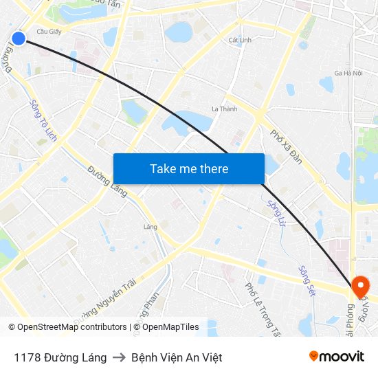1178 Đường Láng to Bệnh Viện An Việt map
