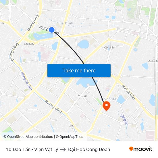 10 Đào Tấn - Viện Vật Lý to Đại Học Công Đoàn map