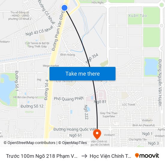 Trước 100m Ngõ 218 Phạm Văn Đồng (Đối Diện Công Viên Hòa Bình) to Học Viện Chính Trị Quốc Gia Hồ Chí Minh map