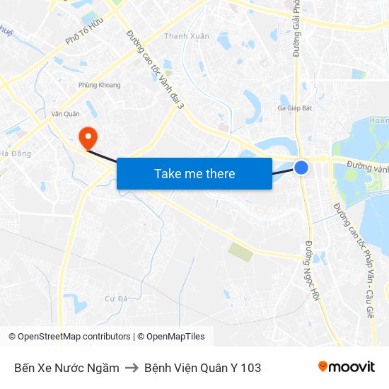 Bến Xe Nước Ngầm to Bệnh Viện Quân Y 103 map
