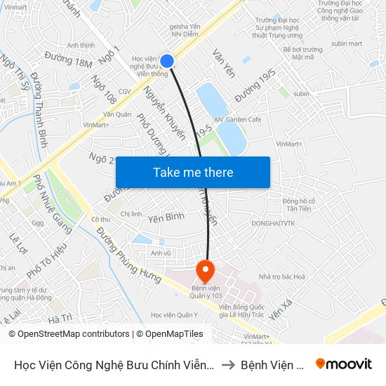 Học Viện Công Nghệ Bưu Chính Viễn Thông - Trần Phú (Hà Đông) to Bệnh Viện Quân Y 103 map