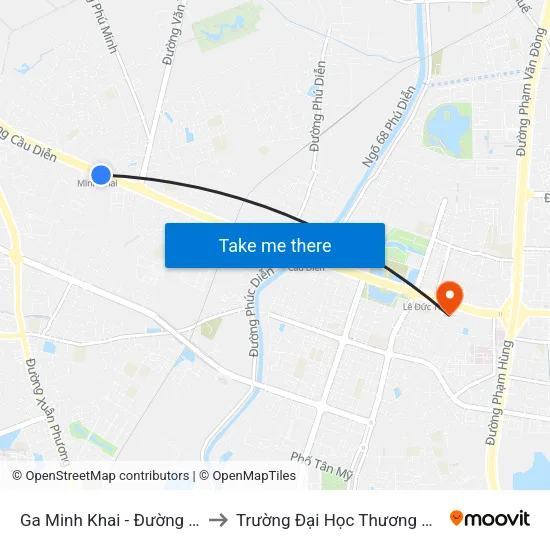 Ga Minh Khai - Đường 32 to Trường Đại Học Thương Mại map
