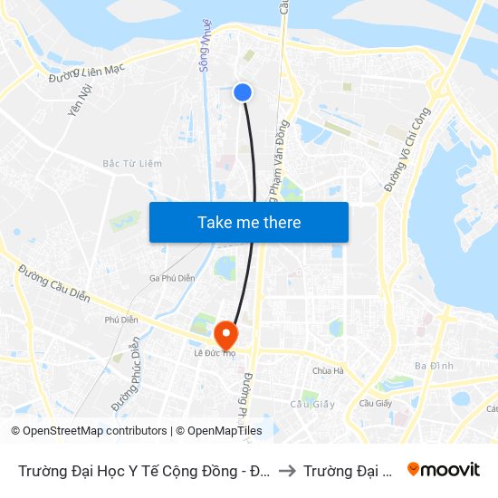 Trường Đại Học Y Tế Cộng Đồng -  Đường Đức Thắng - Phường Đông Ngạc to Trường Đại Học Thương Mại map