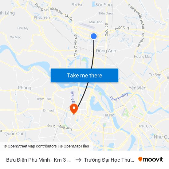 Bưu Điện Phú Minh - Km 3 Quốc Lộ 2 to Trường Đại Học Thương Mại map