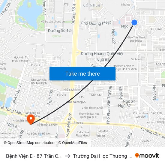 Bệnh Viện E - 87 Trần Cung to Trường Đại Học Thương Mại map