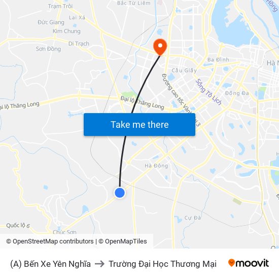 (A) Bến Xe Yên Nghĩa to Trường Đại Học Thương Mại map