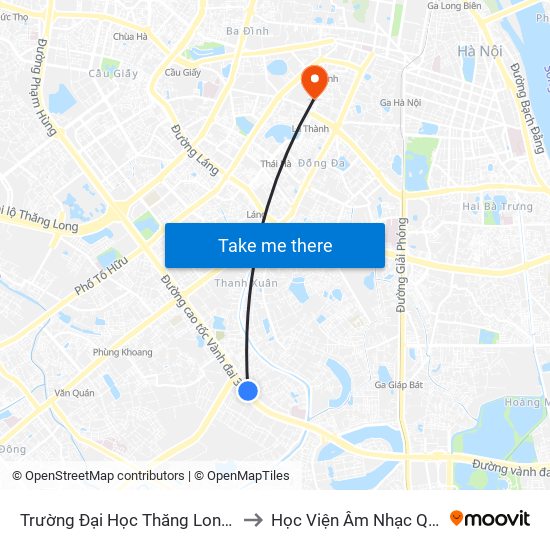 Trường Đại Học Thăng Long - Nghiêm Xuân Yêm to Học Viện Âm Nhạc Quốc Gia Việt Nam map