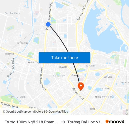Trước 100m Ngõ 218 Phạm Văn Đồng (Đối Diện Công Viên Hòa Bình) to Trường Đại Học Văn Hóa Nghệ Thuật Quân Đội map