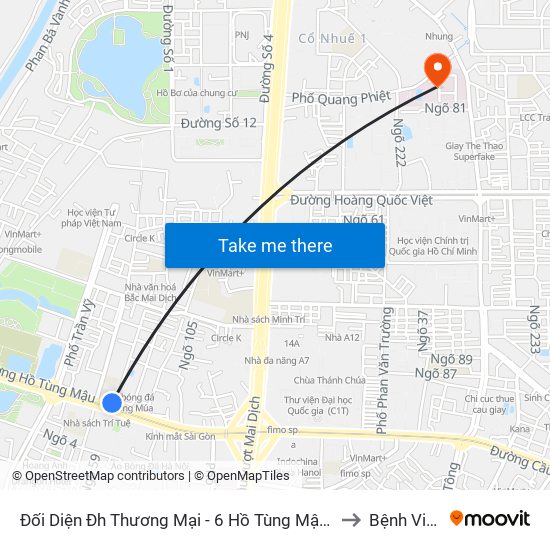 Đối Diện Đh Thương Mại - 6 Hồ Tùng Mậu (Cột Sau) to Bệnh Viện E map