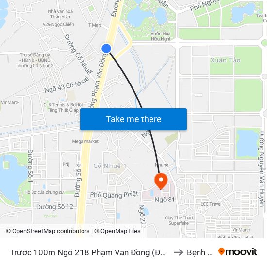 Trước 100m Ngõ 218 Phạm Văn Đồng (Đối Diện Công Viên Hòa Bình) to Bệnh Viện E map