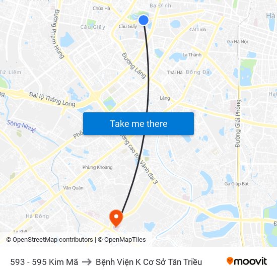 593 - 595 Kim Mã to Bệnh Viện K Cơ Sở Tân Triều map