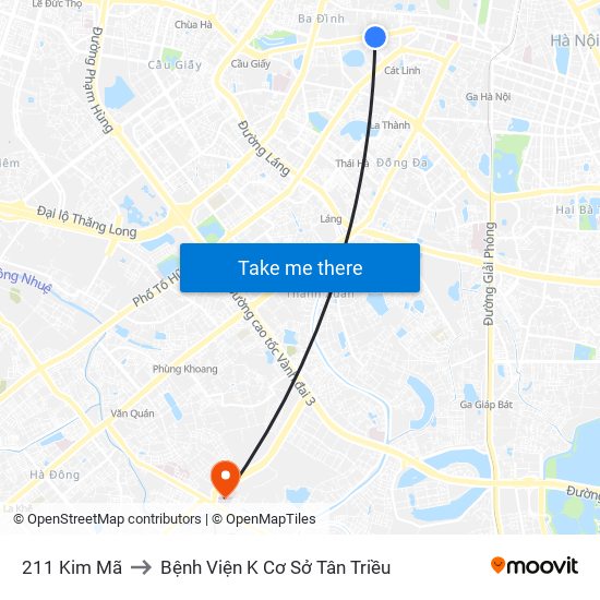 211 Kim Mã to Bệnh Viện K Cơ Sở Tân Triều map