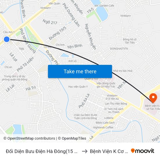 Đối Diện Bưu Điện Hà Đông(15 Quang Trung Hà Đông) to Bệnh Viện K Cơ Sở Tân Triều map