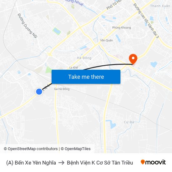 (A) Bến Xe Yên Nghĩa to Bệnh Viện K Cơ Sở Tân Triều map