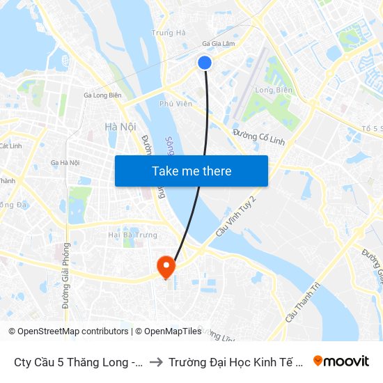 Cty Cầu 5 Thăng Long - 307 Nguyễn Văn Cừ to Trường Đại Học Kinh Tế Kỹ Thuật Công Nghiệp map