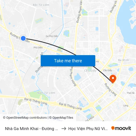 Nhà Ga Minh Khai - Đường Cầu Diễn to Học Viện Phụ Nữ Việt Nam map