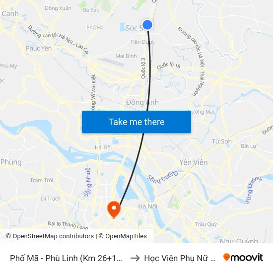 Phố Mã - Phù Linh (Km 26+100 Quốc Lộ 3 to Học Viện Phụ Nữ Việt Nam map