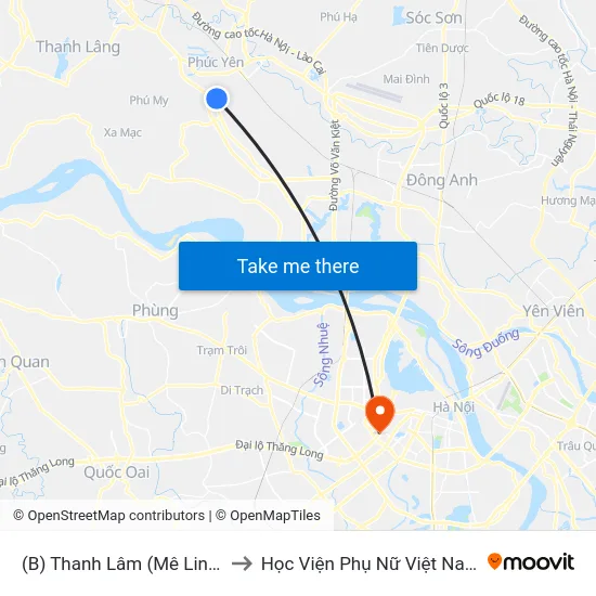 (B) Thanh Lâm (Mê Linh) to Học Viện Phụ Nữ Việt Nam map