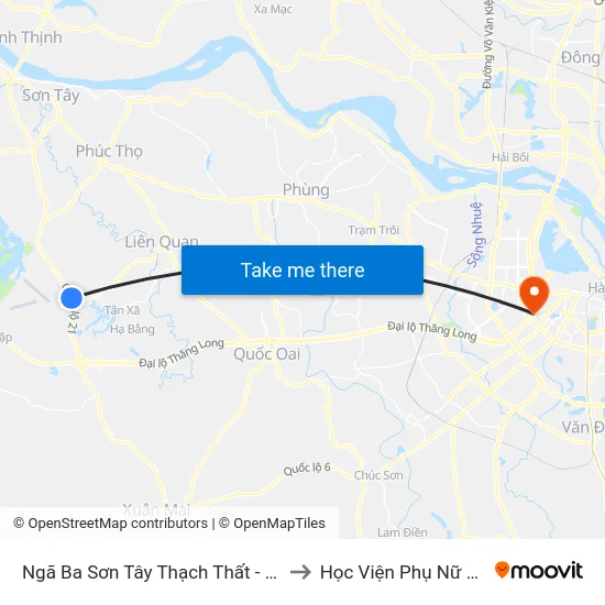 Ngã Ba Sơn Tây Thạch Thất - Quốc Lộ 21a to Học Viện Phụ Nữ Việt Nam map