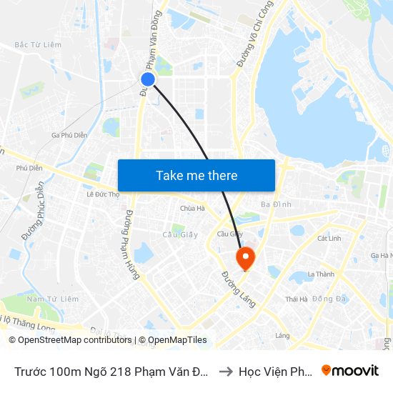 Trước 100m Ngõ 218 Phạm Văn Đồng (Đối Diện Công Viên Hòa Bình) to Học Viện Phụ Nữ Việt Nam map
