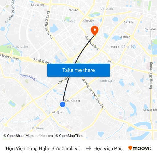 Học Viện Công Nghệ Bưu Chính Viễn Thông - Trần Phú (Hà Đông) to Học Viện Phụ Nữ Việt Nam map