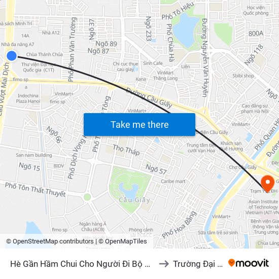 Hè Gần Hầm Chui Cho Người Đi Bộ Qua Đường Khu Vực Cầu Mai Dịch (Trước Cổng Trường Đhnn 70m) to Trường Đại Học Giao Thông Vận Tải map