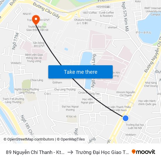 89 Nguyễn Chí Thanh - Ktx Đại Học Luật to Trường Đại Học Giao Thông Vận Tải map