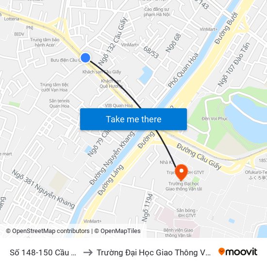 Số 148-150 Cầu Giấy to Trường Đại Học Giao Thông Vận Tải map