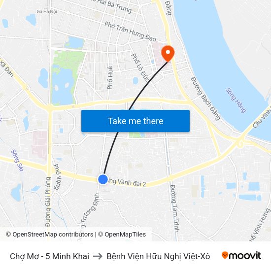 Chợ Mơ - 5 Minh Khai to Bệnh Viện Hữu Nghị Việt-Xô map