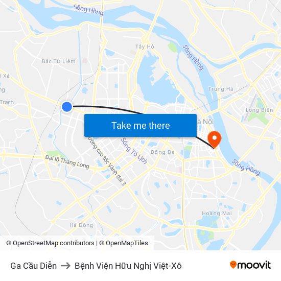 Ga Cầu Diễn to Bệnh Viện Hữu Nghị Việt-Xô map