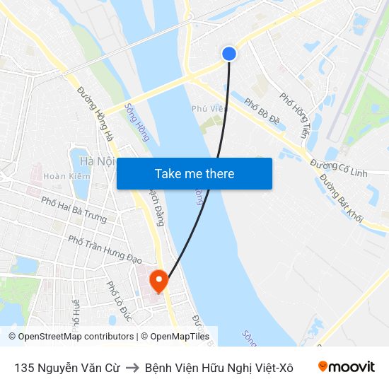135 Nguyễn Văn Cừ to Bệnh Viện Hữu Nghị Việt-Xô map